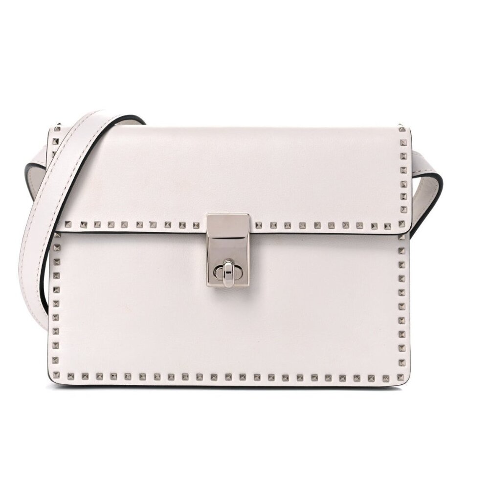 Valentino Calfskin Small Rockstud Cabana Crossbody Bag White